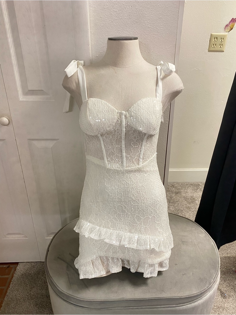 privy White Lace Sequin Tie-Shoulder Corset Mini Dress